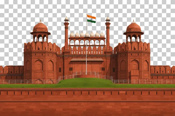 Red Fort (Lal Qila) Delhi with Indian Tricolor Flag PNG – Historic Monument Illustration