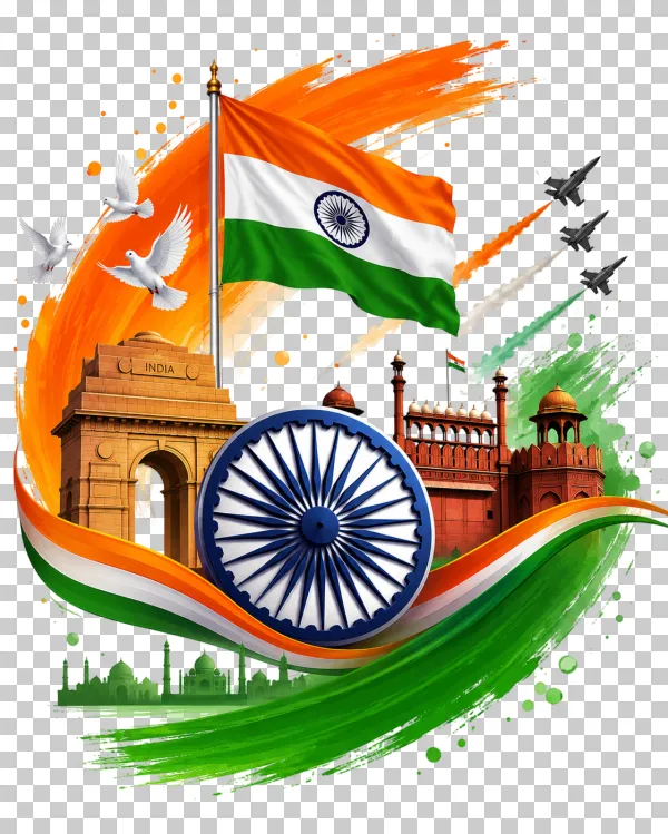 Indian Independence Day Patriotic Illustration with Tricolor Flag, India Gate & Red Fort
