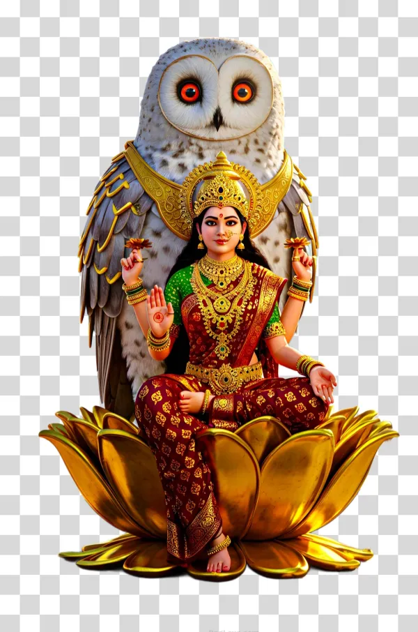 Goddess Lakshmi Seated on Golden Lotus with Divine Owl PNG